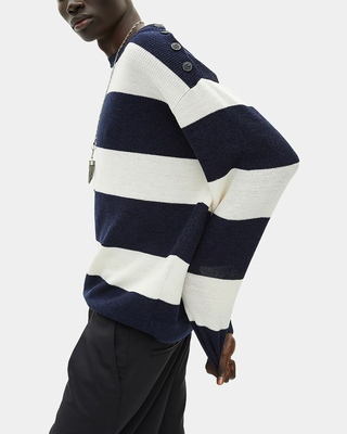 Pull en laine et lin &agrave; rayures marine