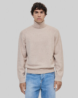Pull col roul&eacute; en cachemire beige