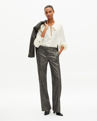 Pantalon tailleur droit &agrave; chevrons lurex dor&eacute; et noir