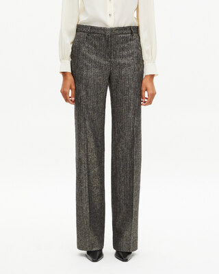 Pantalon tailleur droit &agrave; chevrons lurex dor&eacute; et noir
