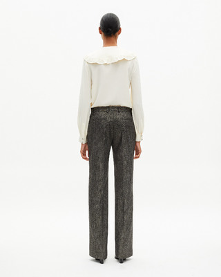 Pantalon tailleur droit &agrave; chevrons lurex dor&eacute; et noir