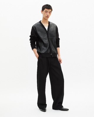 Cardigan boutonn&eacute; bi-mati&egrave;re avec cuir noir