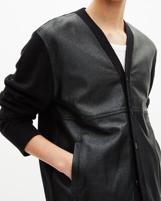 Cardigan boutonn&eacute; bi-mati&egrave;re avec cuir noir