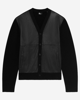 Cardigan boutonn&eacute; bi-mati&egrave;re avec cuir noir