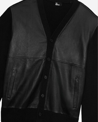 Cardigan boutonn&eacute; bi-mati&egrave;re avec cuir noir