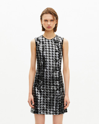 Robe courte en pied de poule &agrave; sequins noire
