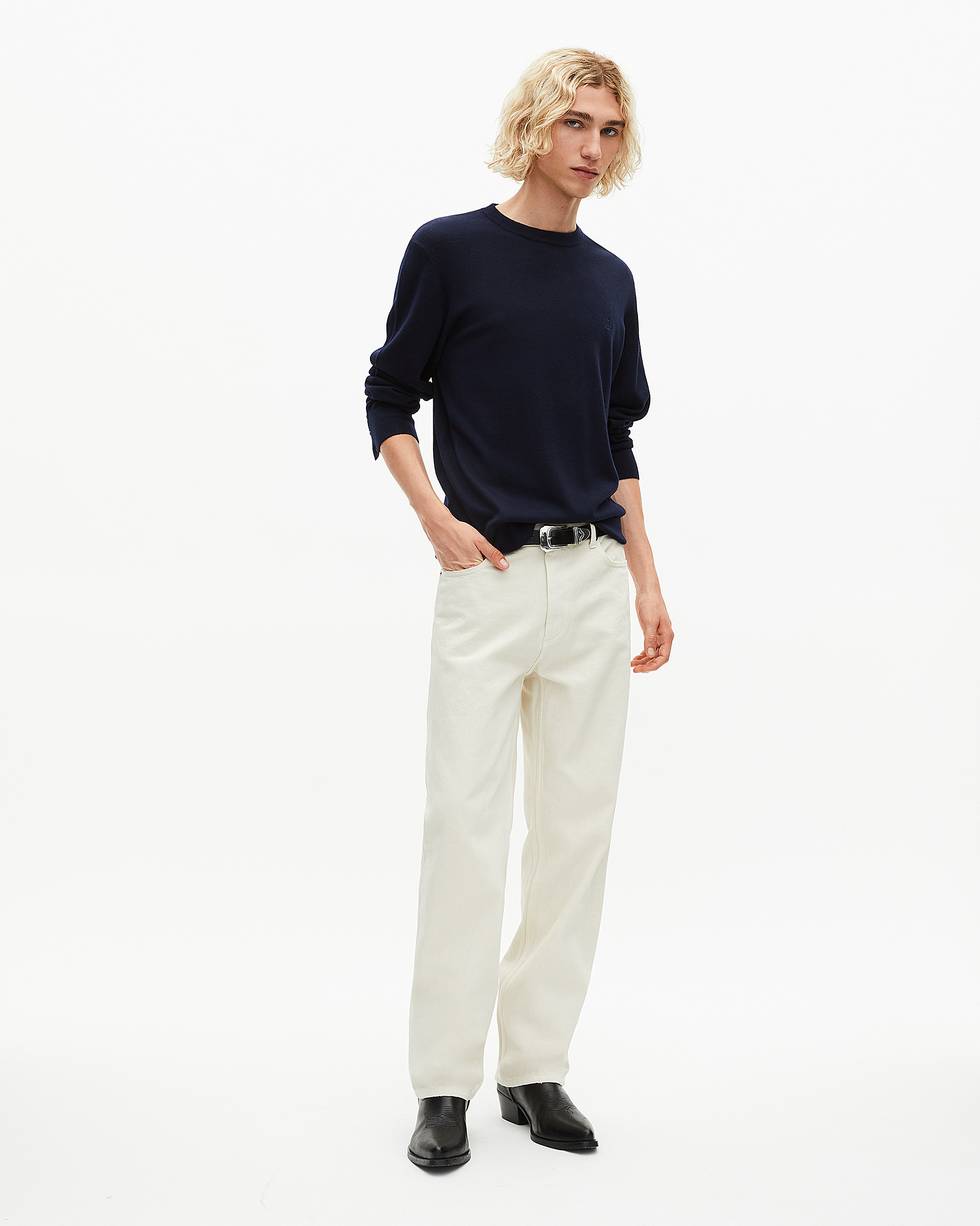 Pull col rond en laine mérinos marine