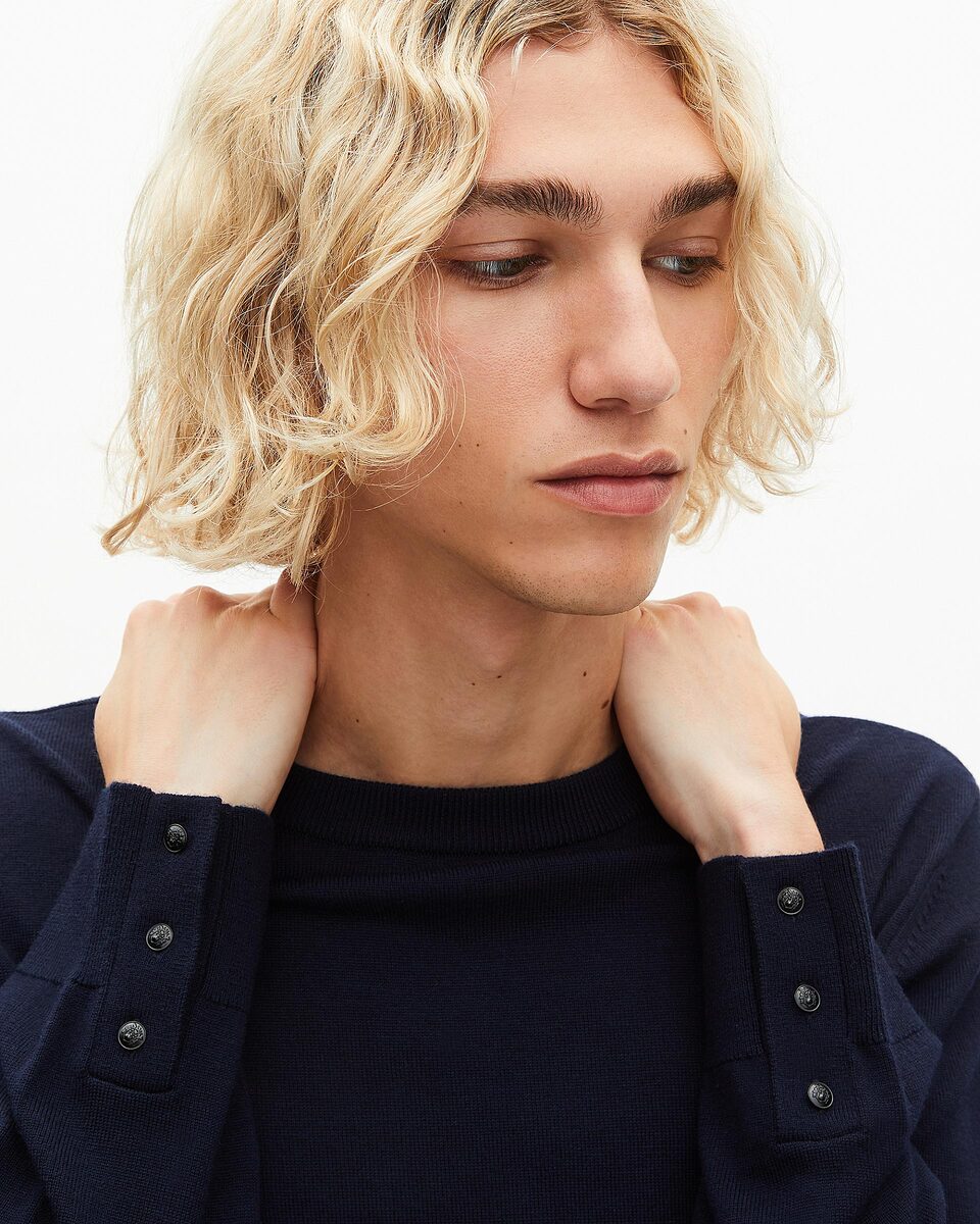 Pull col rond en laine m&eacute;rinos marine