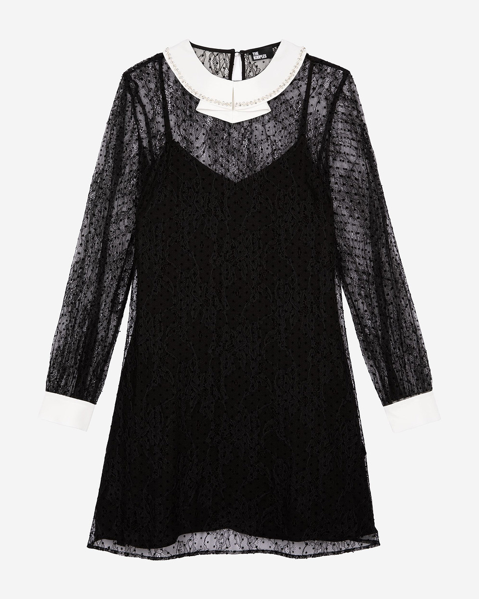 Robe courte en dentelle plumetis et strass noire