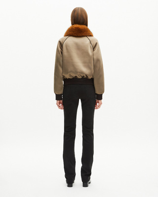 Blouson col fourrure satin&eacute; kaki