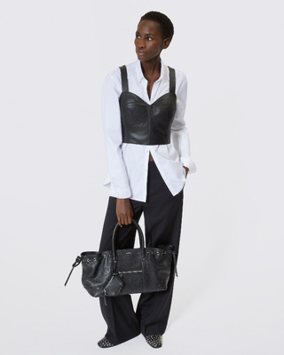 Sac cabas fronc&eacute; en cuir grain&eacute; noir