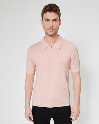 Pull col polo &agrave; zip rose