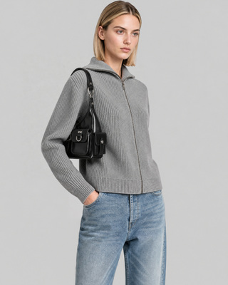 Graue Strickjacke mit Rei&szlig;verschluss aus Merinowolle