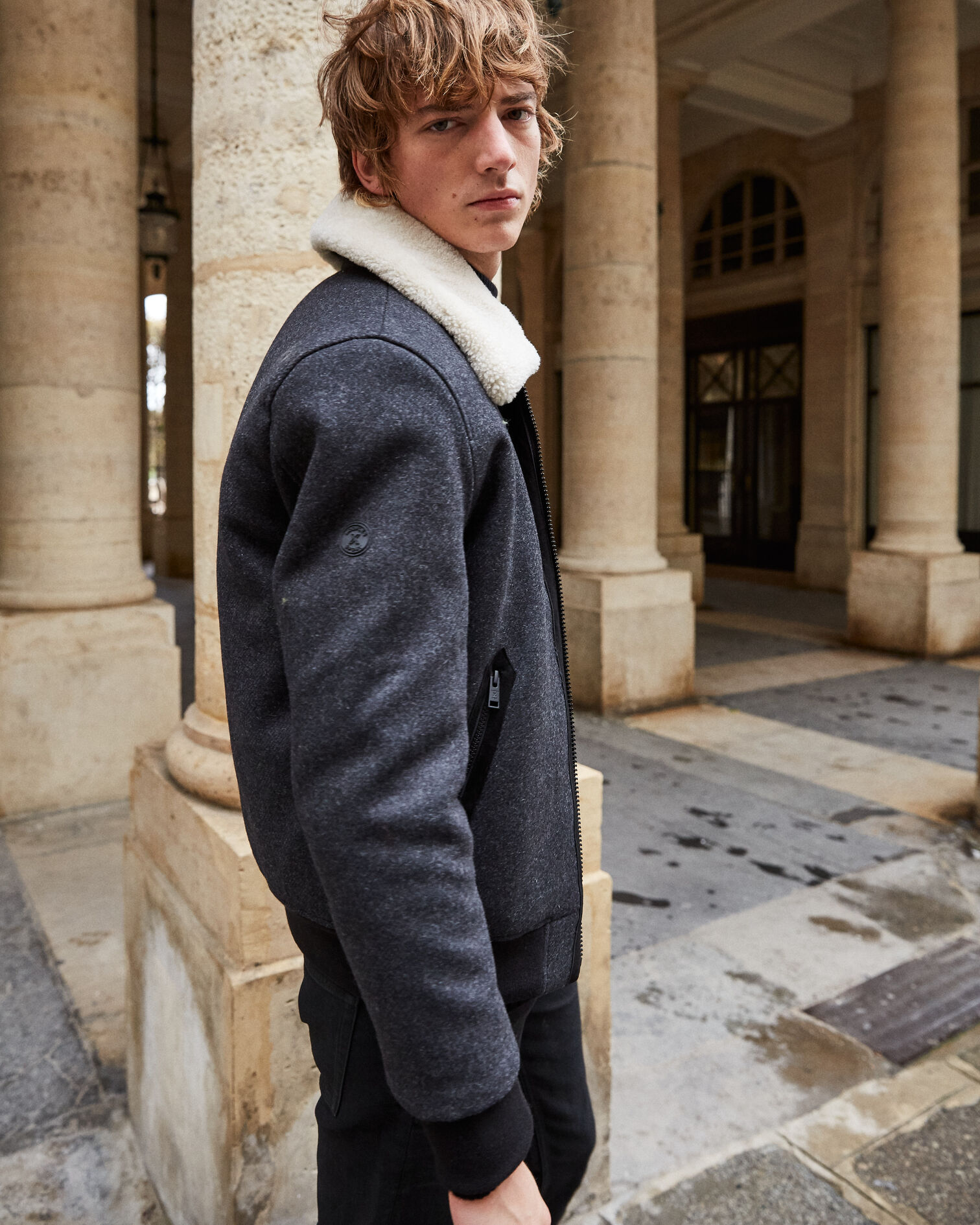 Zipped gray wool jacket with leather collar, ANTHRACITE, hi-res image number null