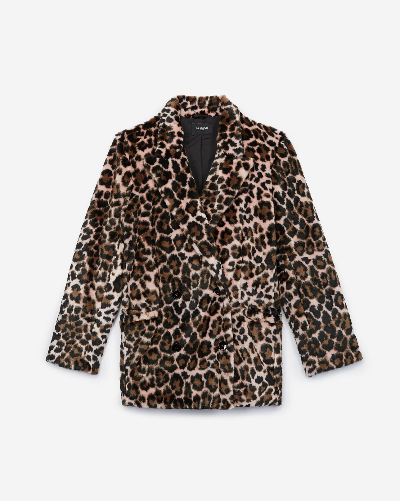 The Kooples F BEIGE / BROWN / BLACK faux fur coat with leopard print