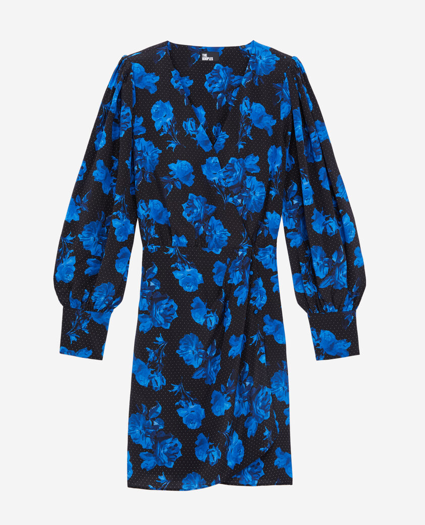 The Kooples FEMME BLACK BLUE robe portefeuille courte imprimée en soie