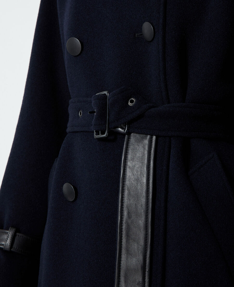 trench-style navy blue wool coat