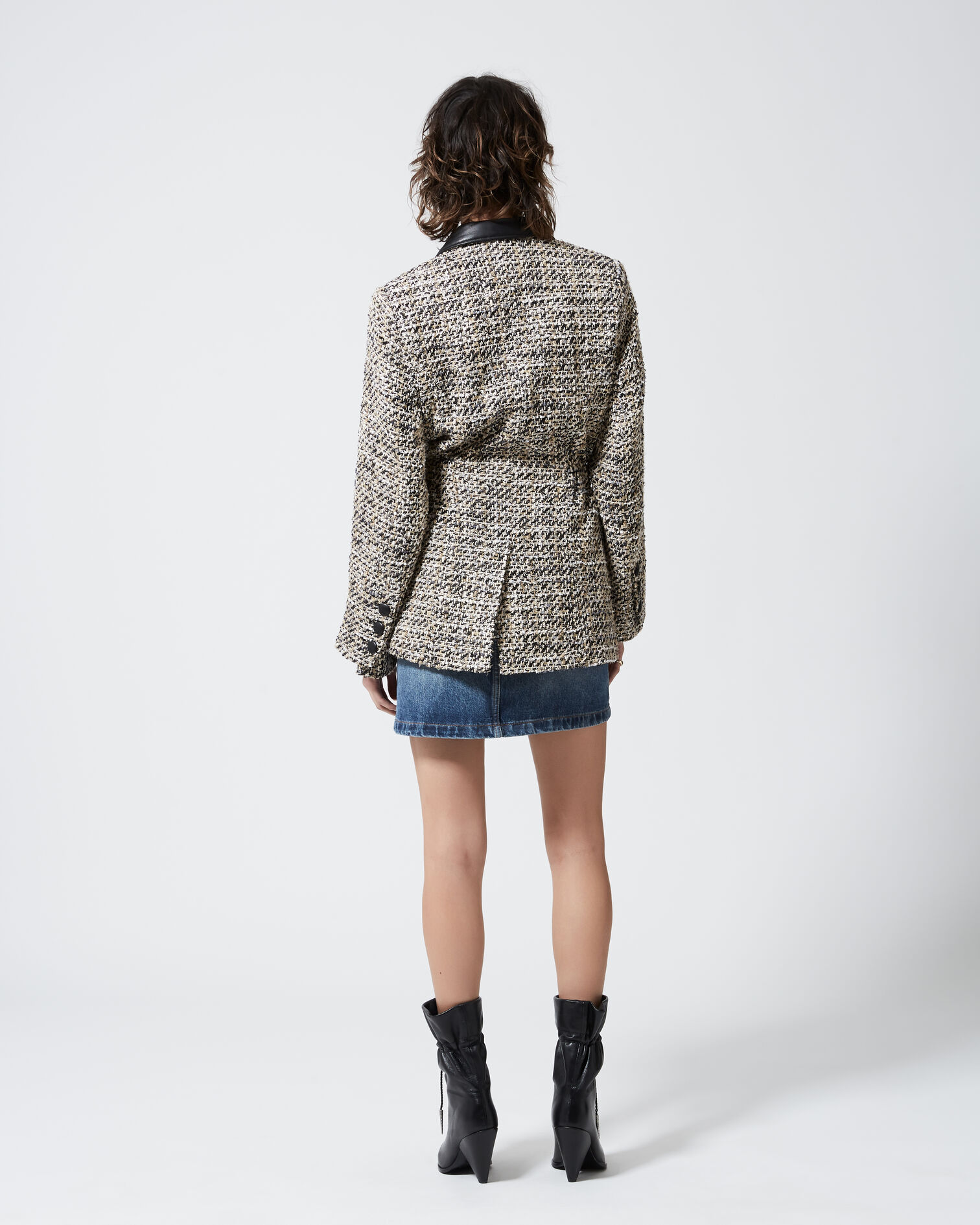 Fitted gray tweed jacket with leather details, GREY BLACK, hi-res image number null