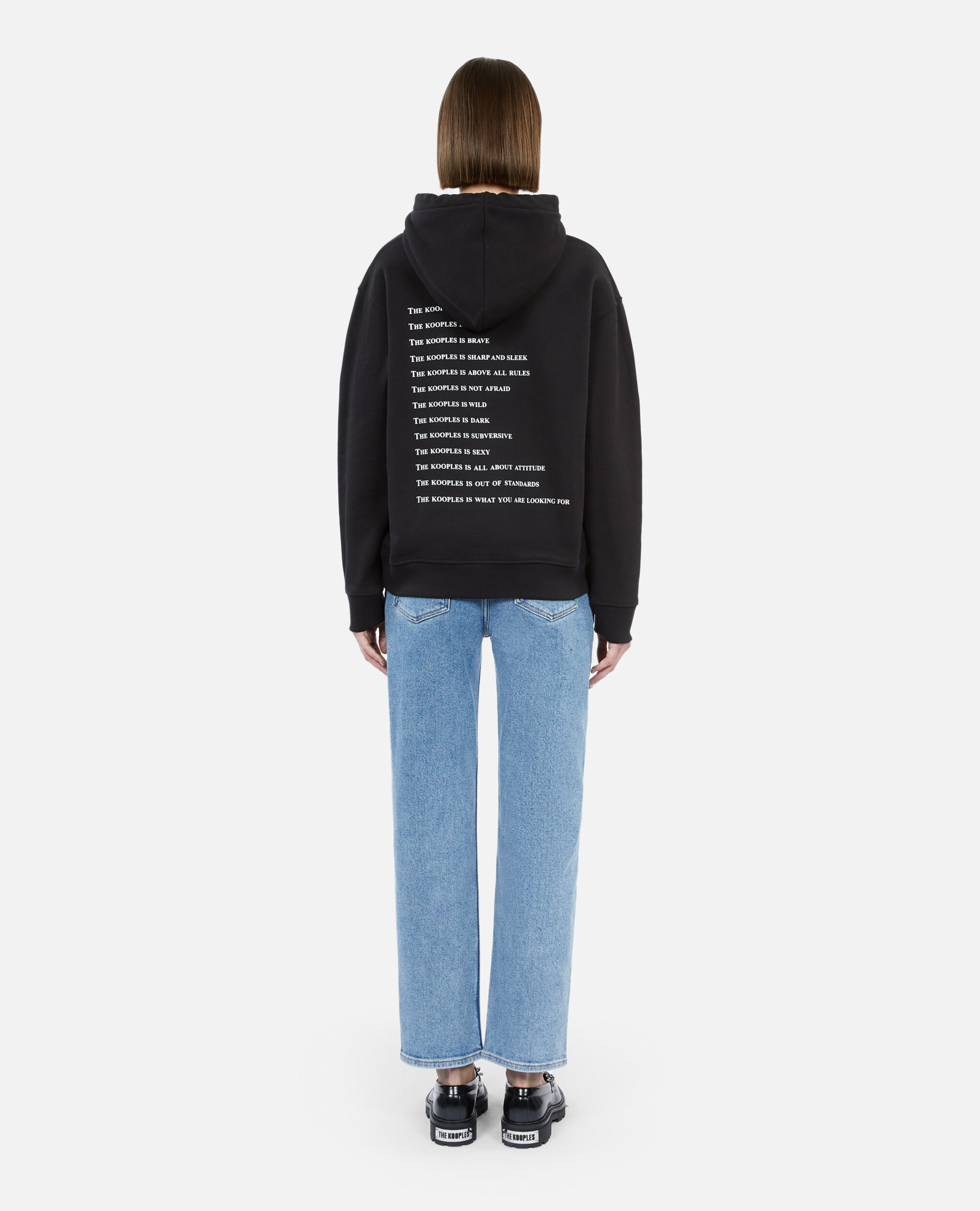 Damen Schwarzes Sweatshirt mit „What is“-Strassbesatz, BLACK, hi-res image number null