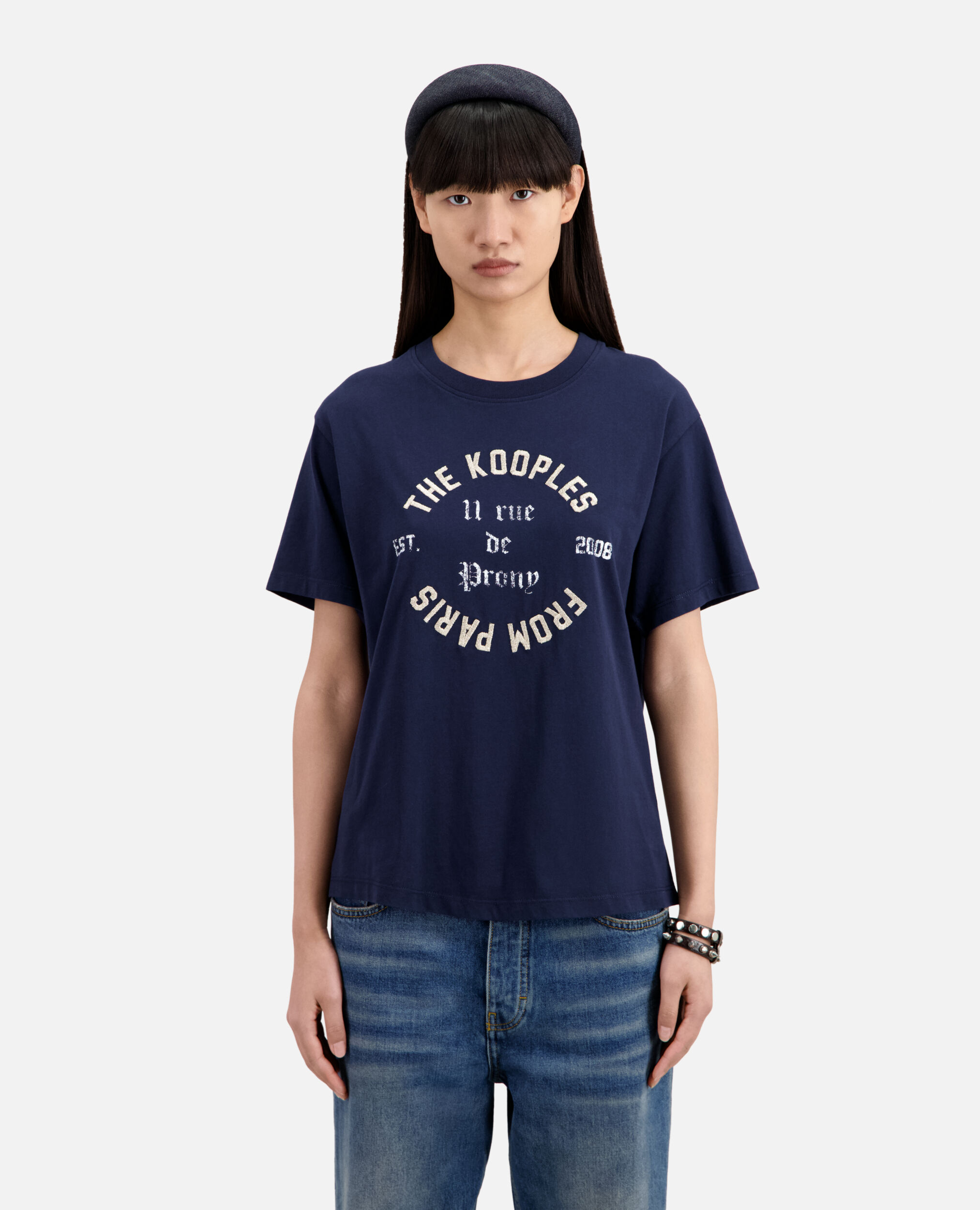 Marineblaues T-Shirt Damen mit Siebdruck, NAVY, hi-res image number null