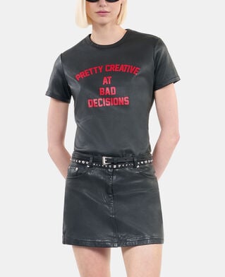 The Kooples WOMEN BLACK black leather pretty creative serigraphy t-shirt