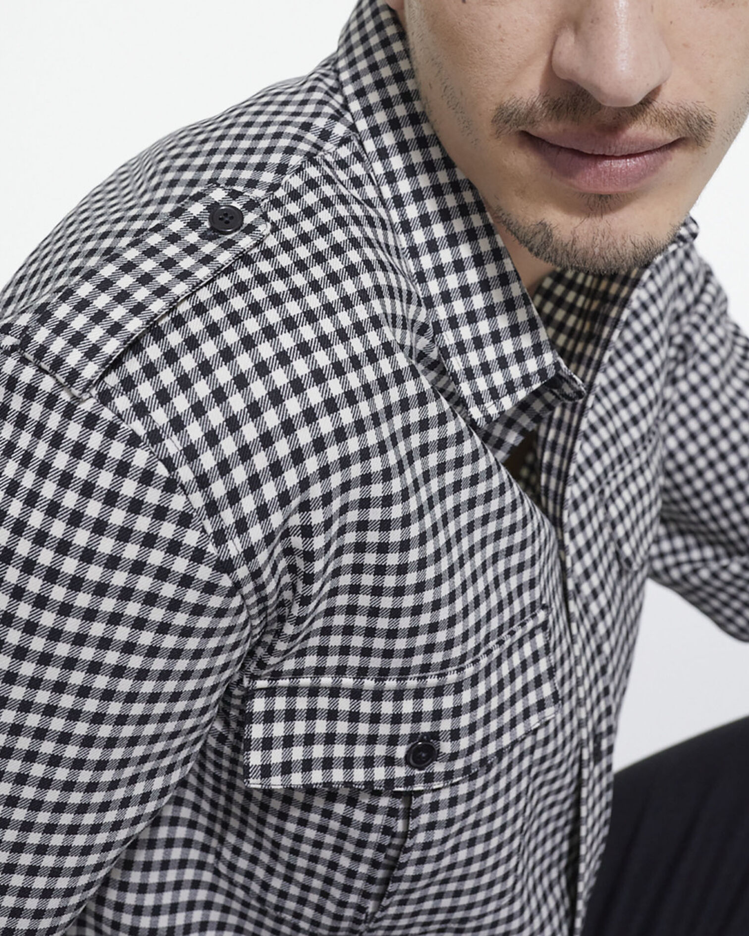 Check wool shirt with classic collar, BLACK WHITE, hi-res image number null