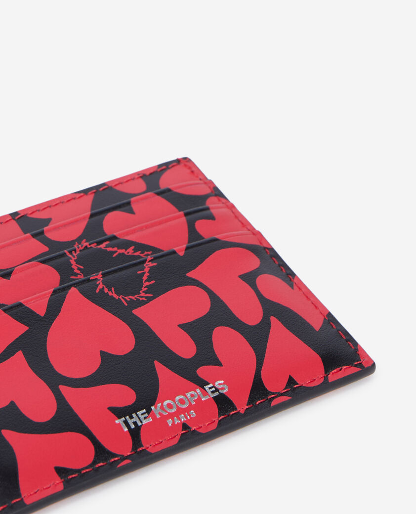 The Kooples WOMEN BLACK WHITE black leather card holder with hearts print