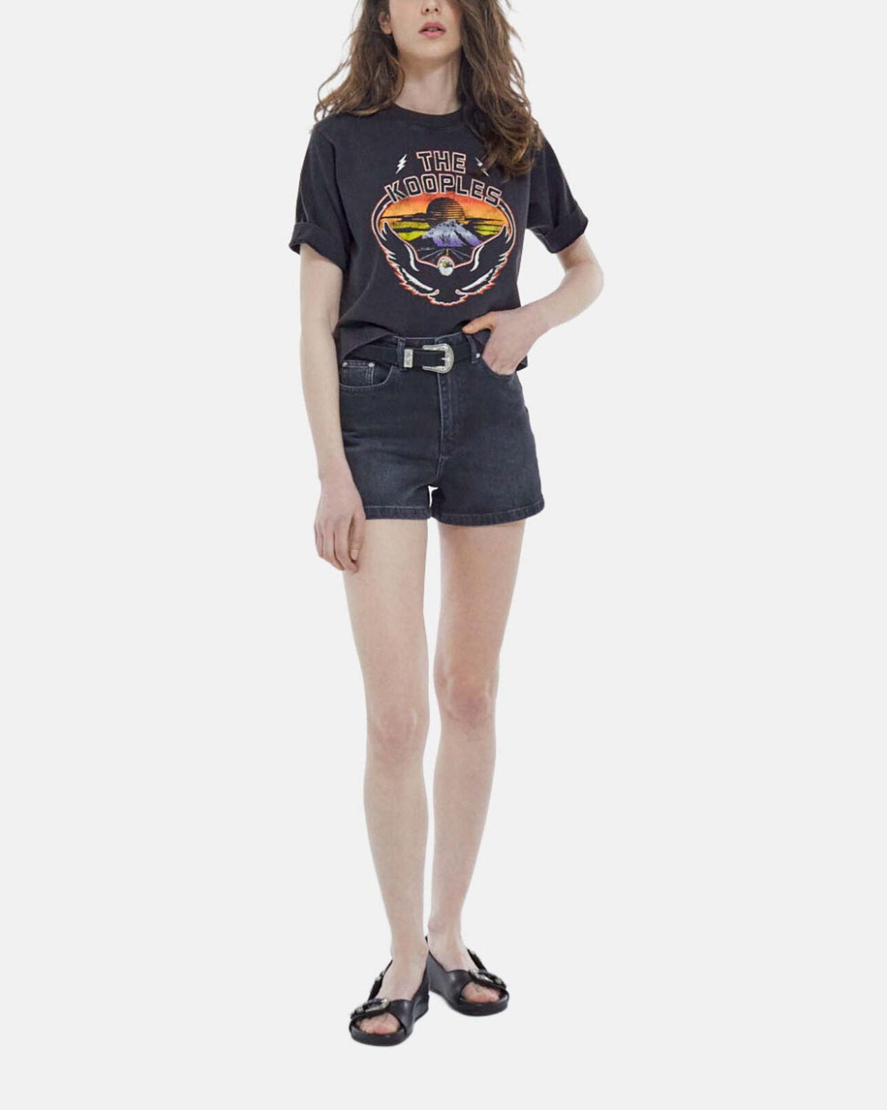 The Kooples WOMEN BLACK WASHED black short-sleeve cotton t-shirt with eagle print