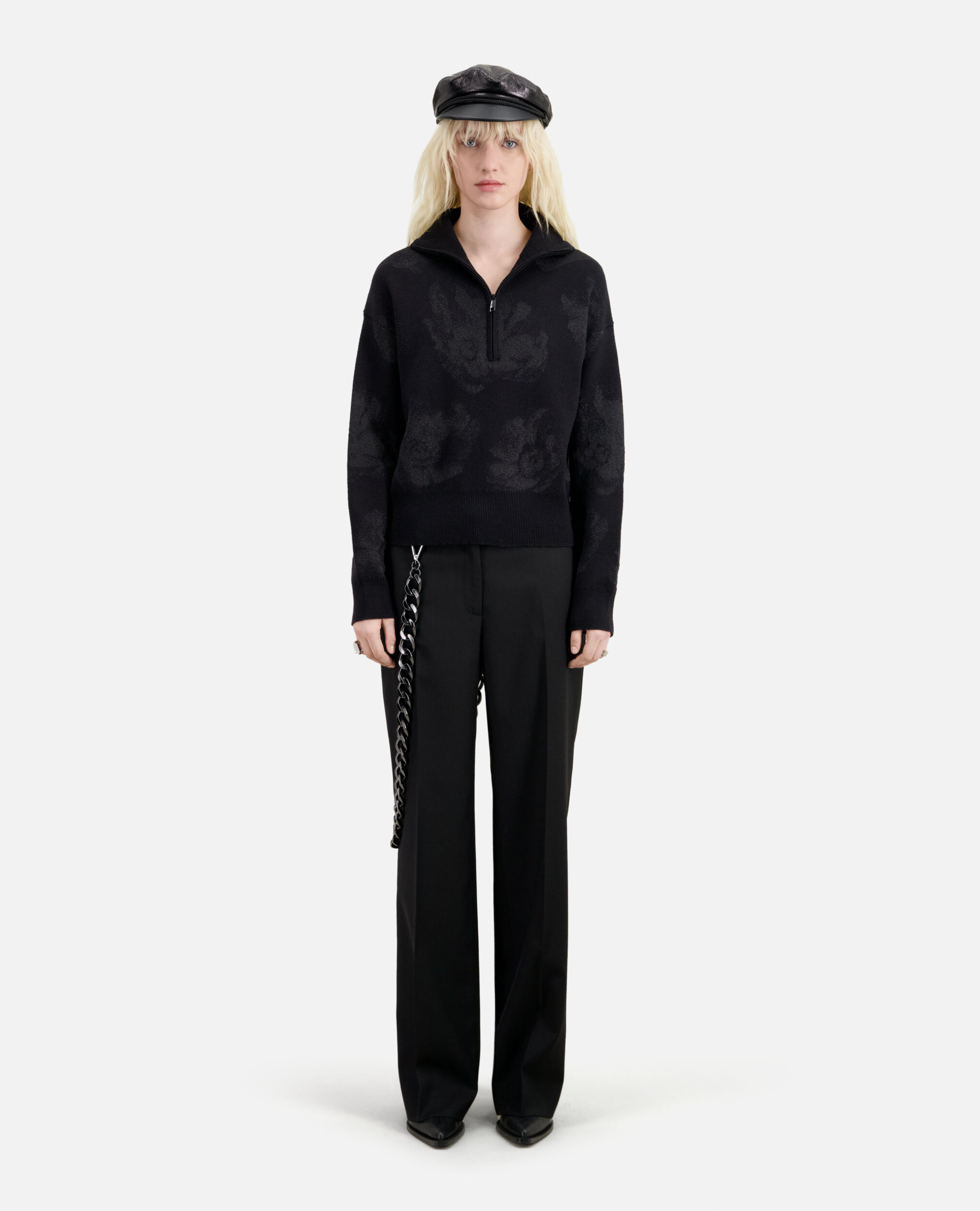 Pull noir en laine mélangée avec motifs argenté, BLACK/BLACK, hi-res image number null