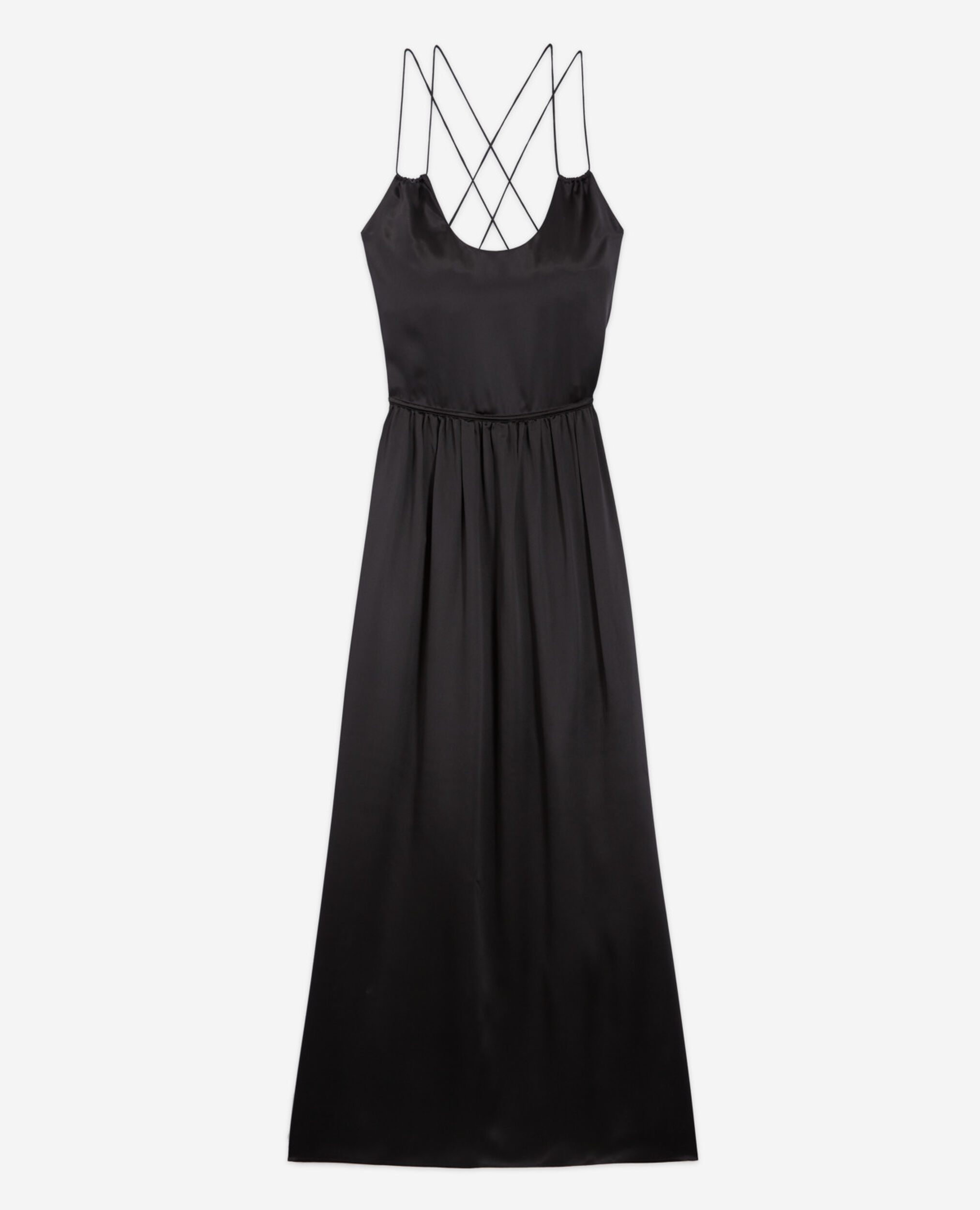 Long black silk dress with thin straps, BLACK, hi-res image number null