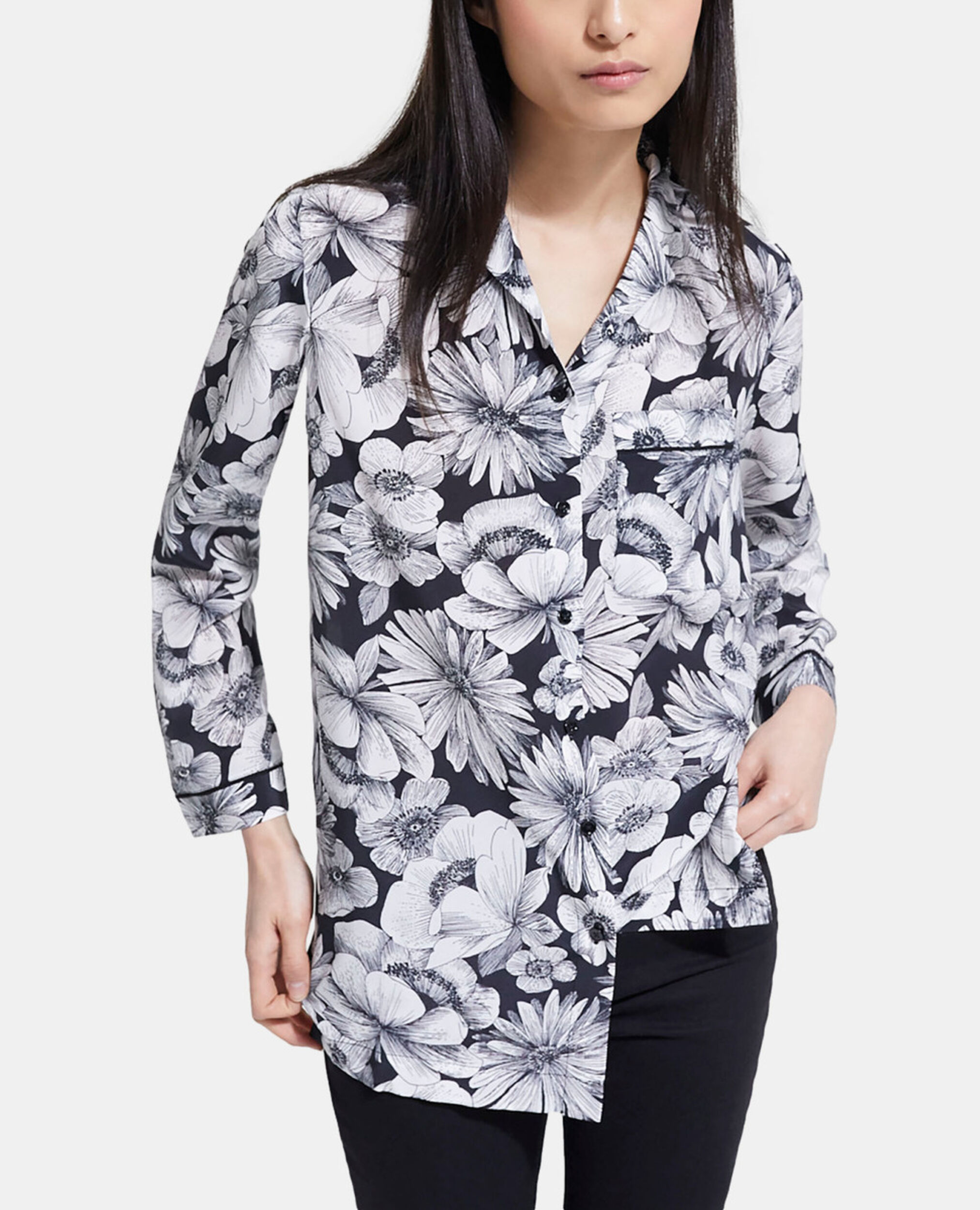 Camisa seda floral, BLACK WHITE, hi-res image number null