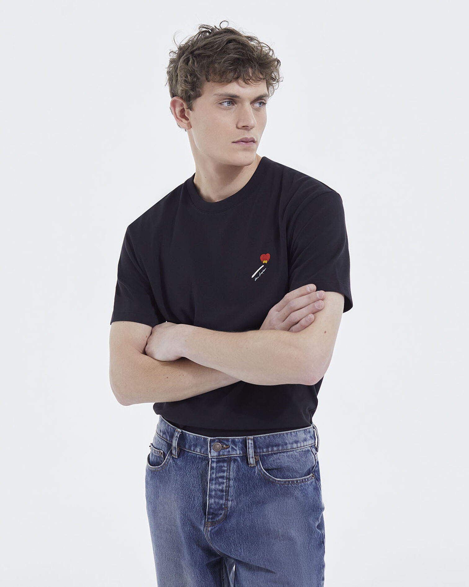 Black cotton T-shirt with embroidery, BLACK, hi-res image number null