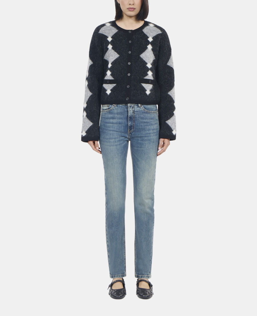 The Kooples DAMEN BLACK GREY WHITE grauer cardigan mit rauten aus alpaka