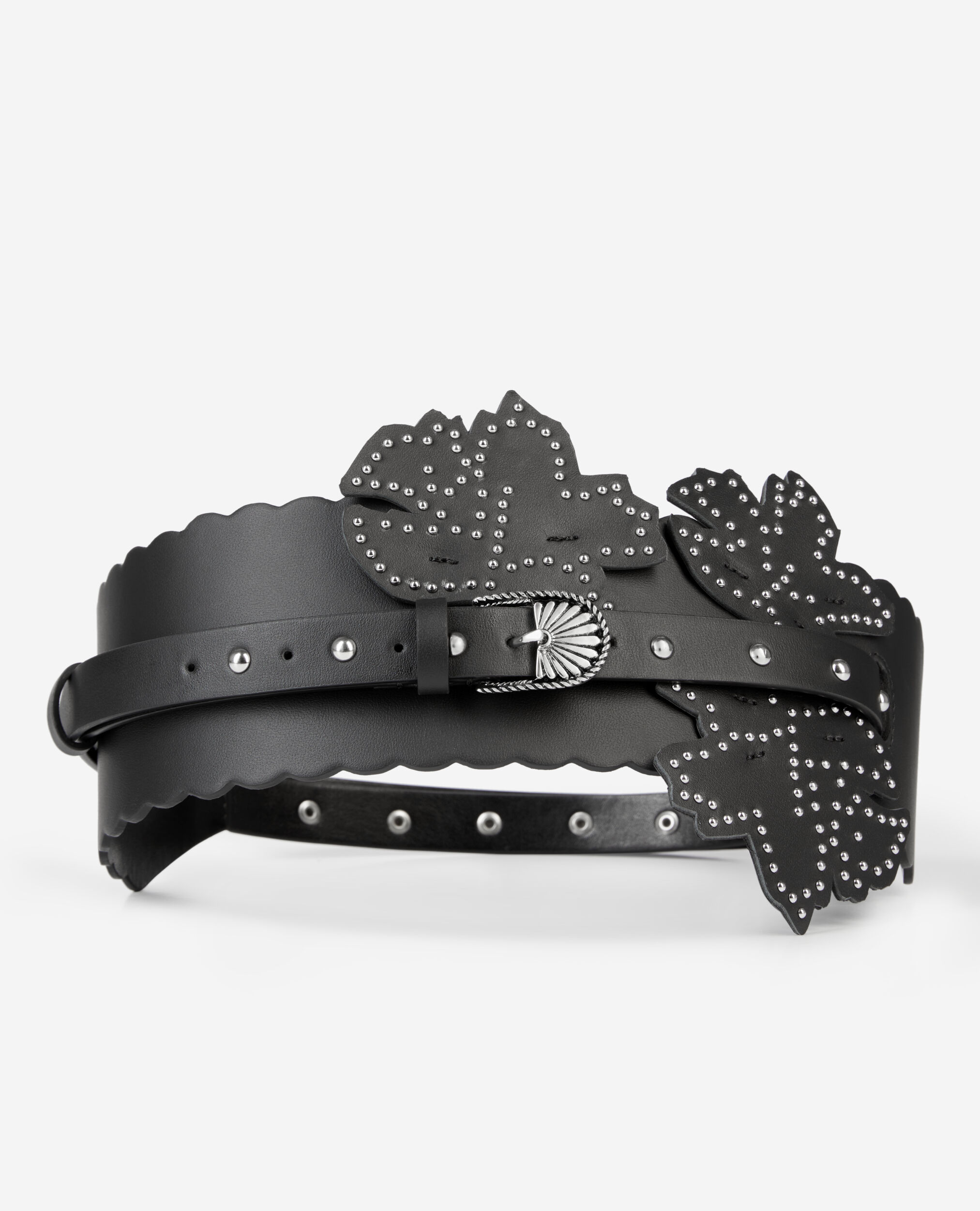 Wide black leather belt with flower inserts, BLACK, hi-res image number null