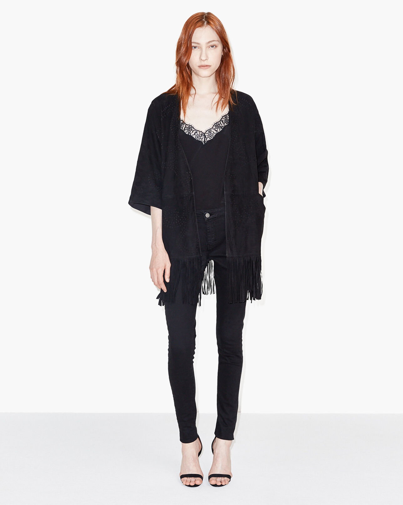 The Kooples FEMME BLACK poncho en daim à franges et détails ajourés