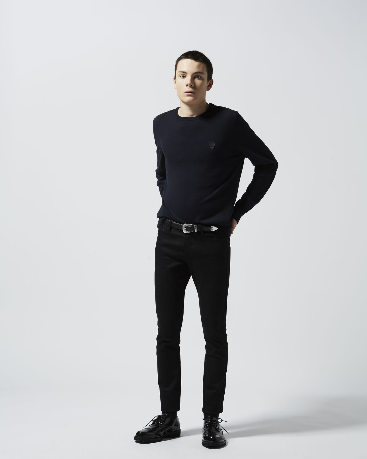 The Kooples HOMME NAVY pull laine bleu col rond à coudières