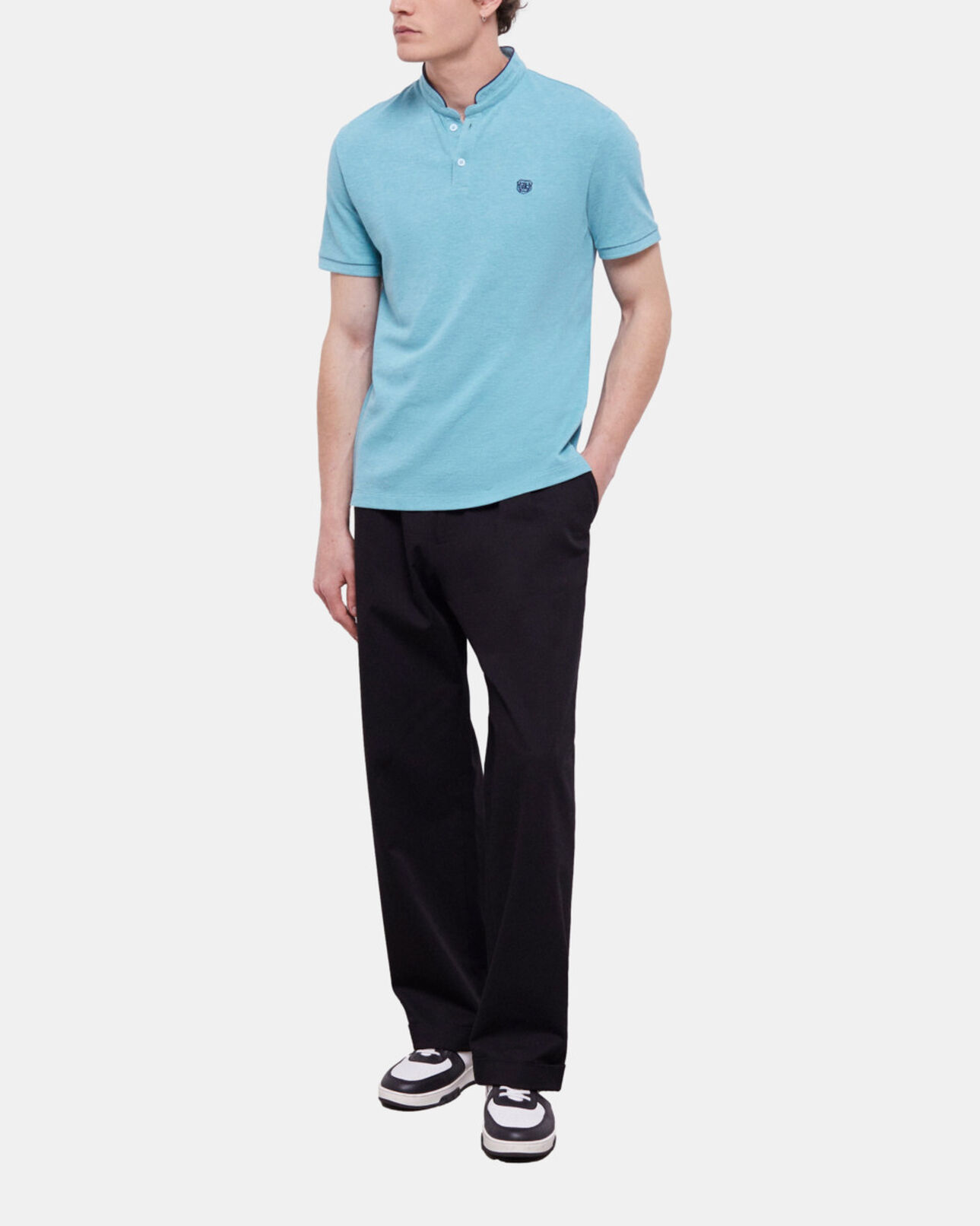 The Kooples MEN LIGHT BLUE MELANGE blue officer collar polo shirt
