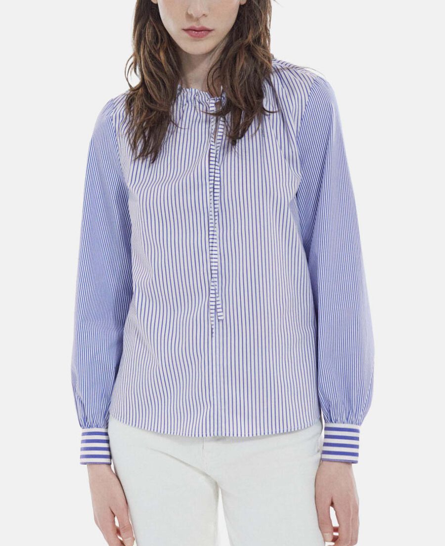 The Kooples F BLUE WHITE striped cotton printed blue top with tie-drop neck