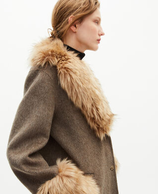 The Kooples WOMEN HAZELNUT long coat in double-faced wool and brown fur