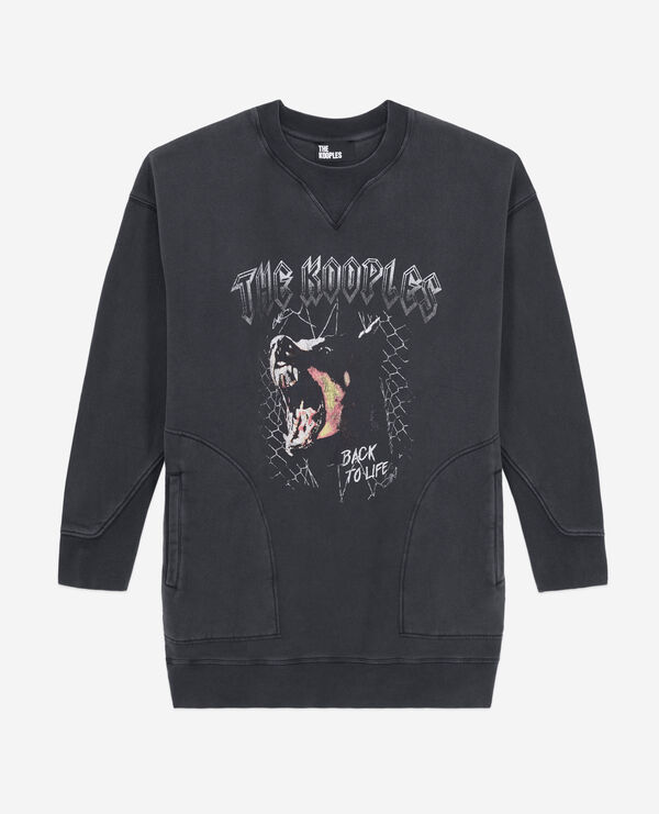 women's black sweatshirt dress with barking dog serigraphy