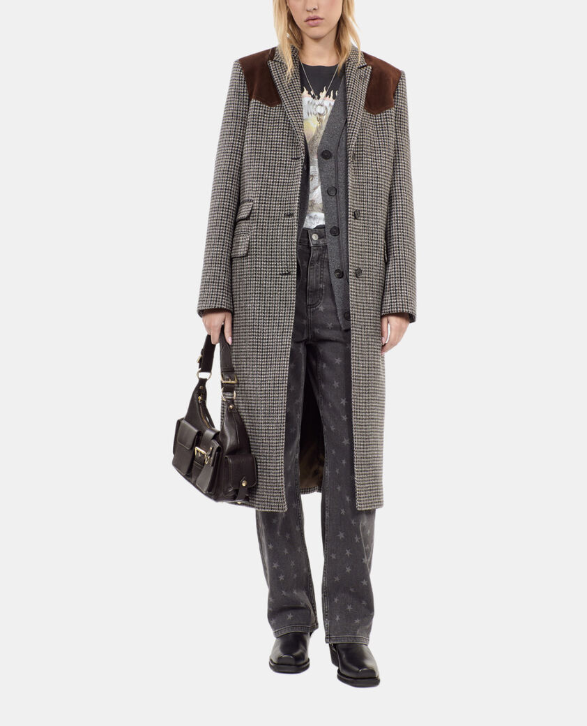 The Kooples FEMME BLACK WHITE manteau long pied de poule noir et blanc