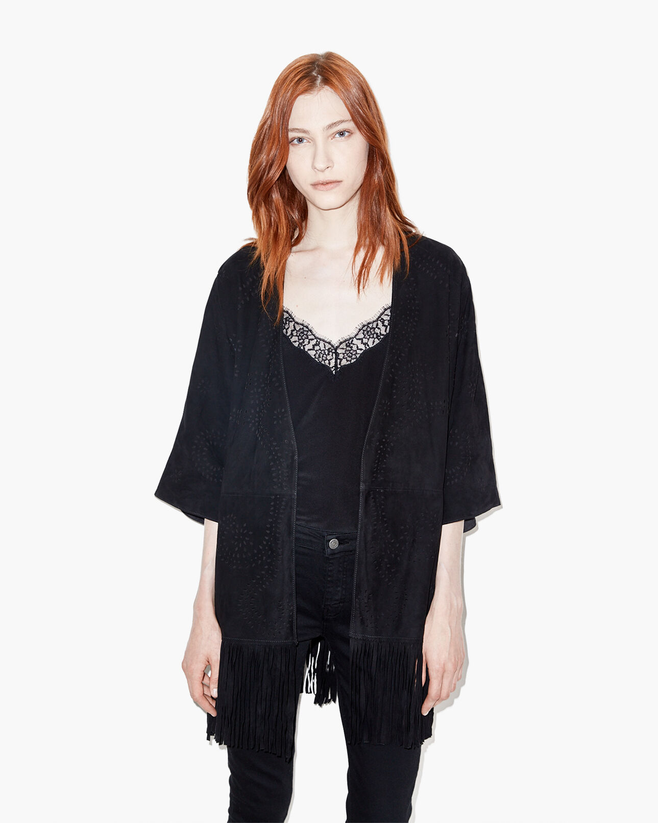 The Kooples FEMME BLACK poncho en daim à franges et détails ajourés