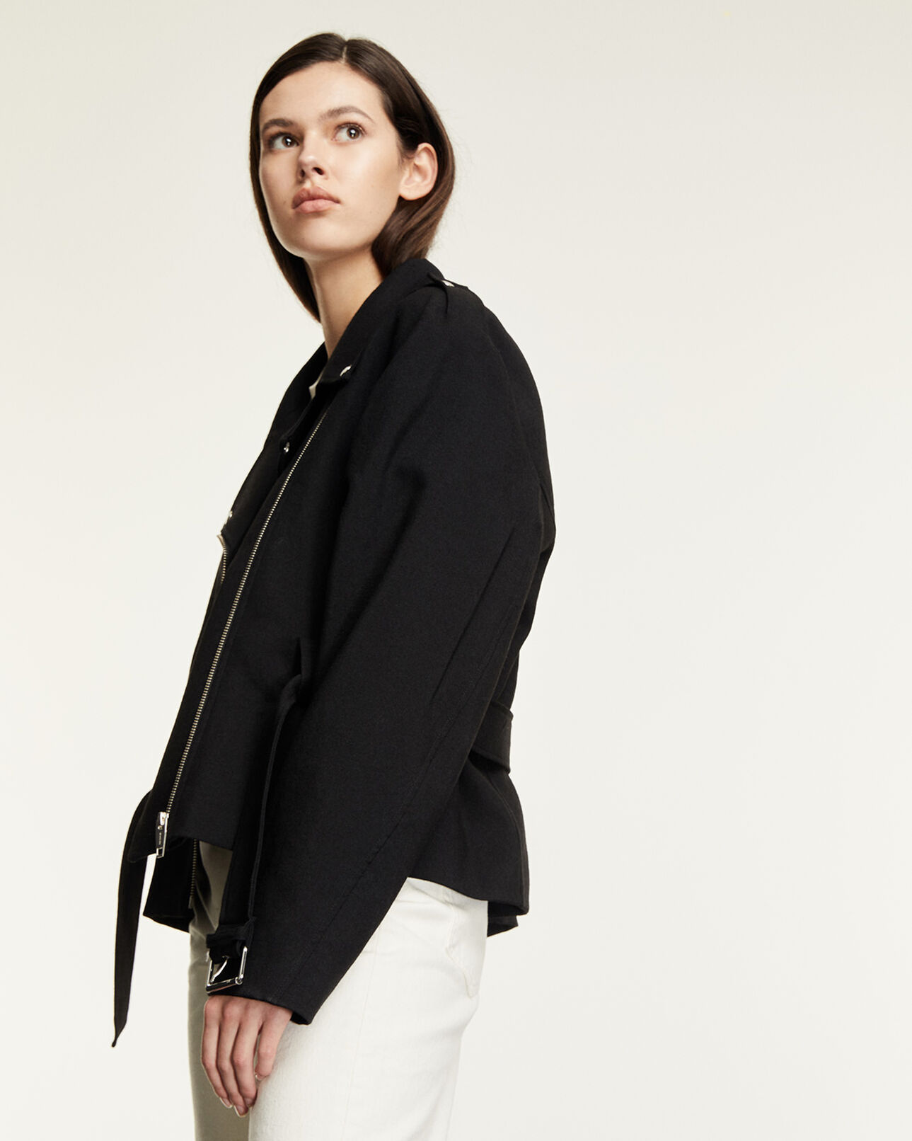The Kooples DAMEN BLACK wollmantel schwarz kurz biker-stil
