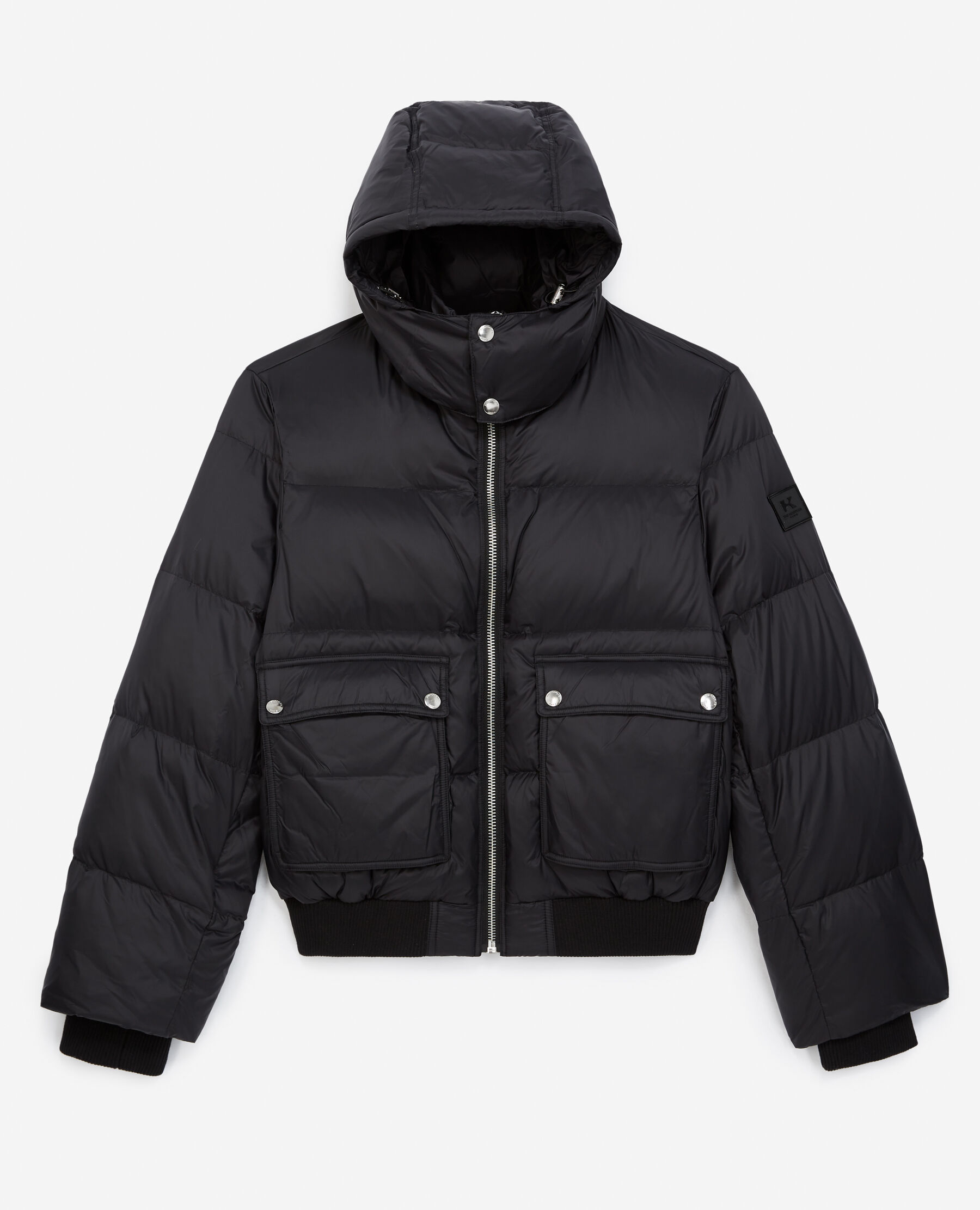 Hooded black down jacket with rubber monogram The Kooples