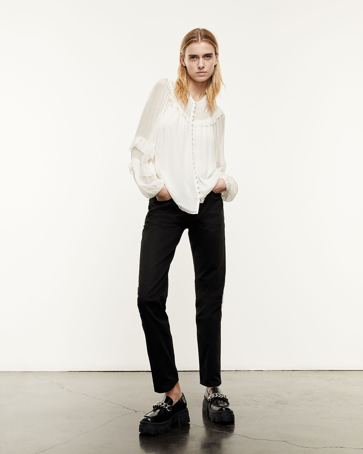 Flowing ecru shirt with smocked neck, ECRU, hi-res image number null