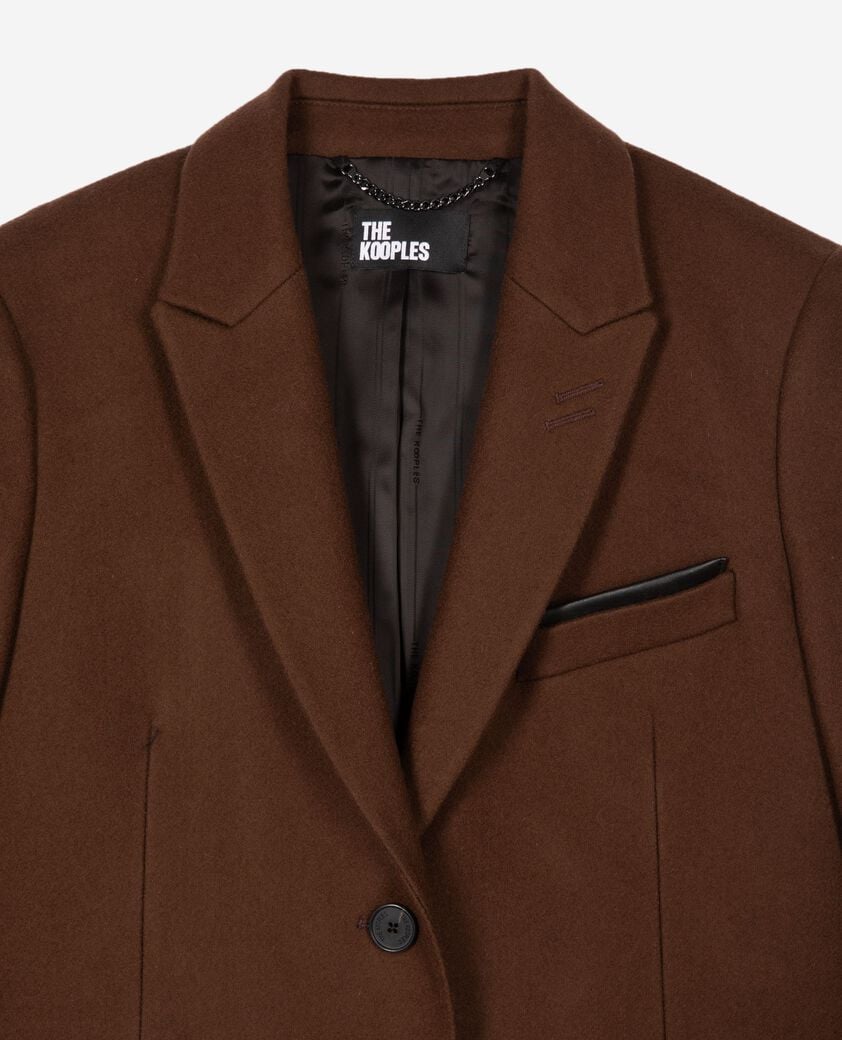 The Kooples WOMEN CHOCOLATE long wool coat with brown leather details