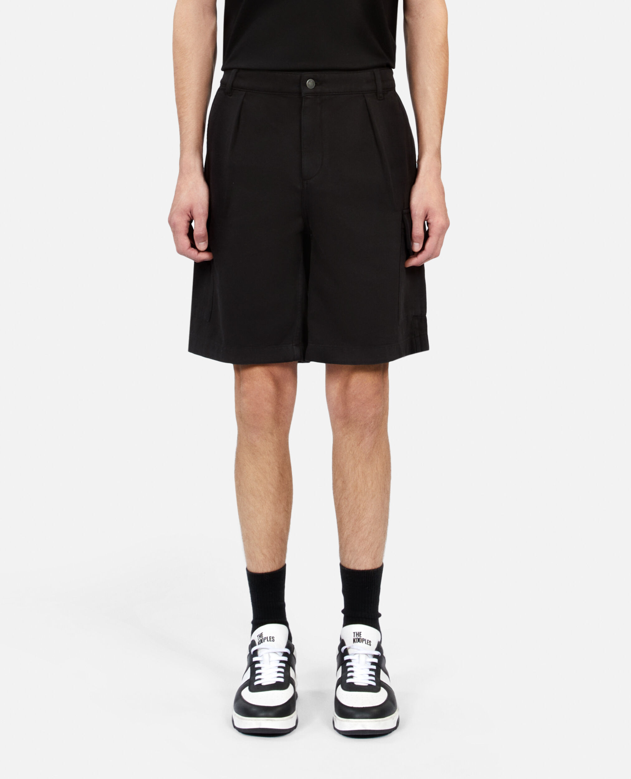 Black cotton and linen cargo shorts, BLACK, hi-res image number null