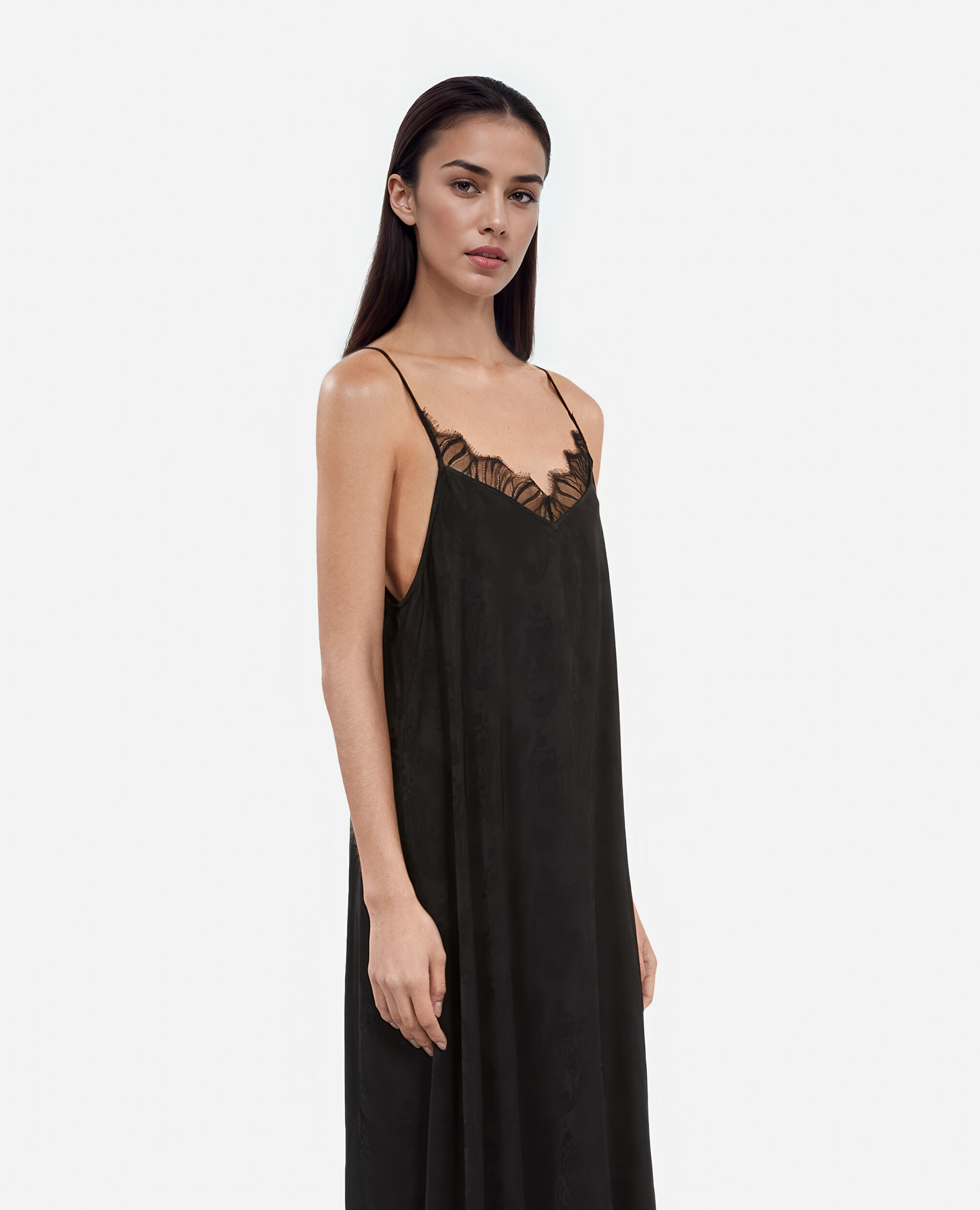 Long black floral jacquard slip dress, BLACK, hi-res image number null