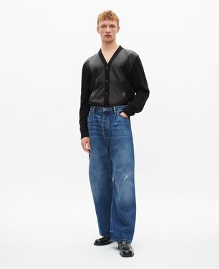 The Kooples HERREN BLACK geknöpfte strickjacke aus zwei materialien mit schwarzem leder