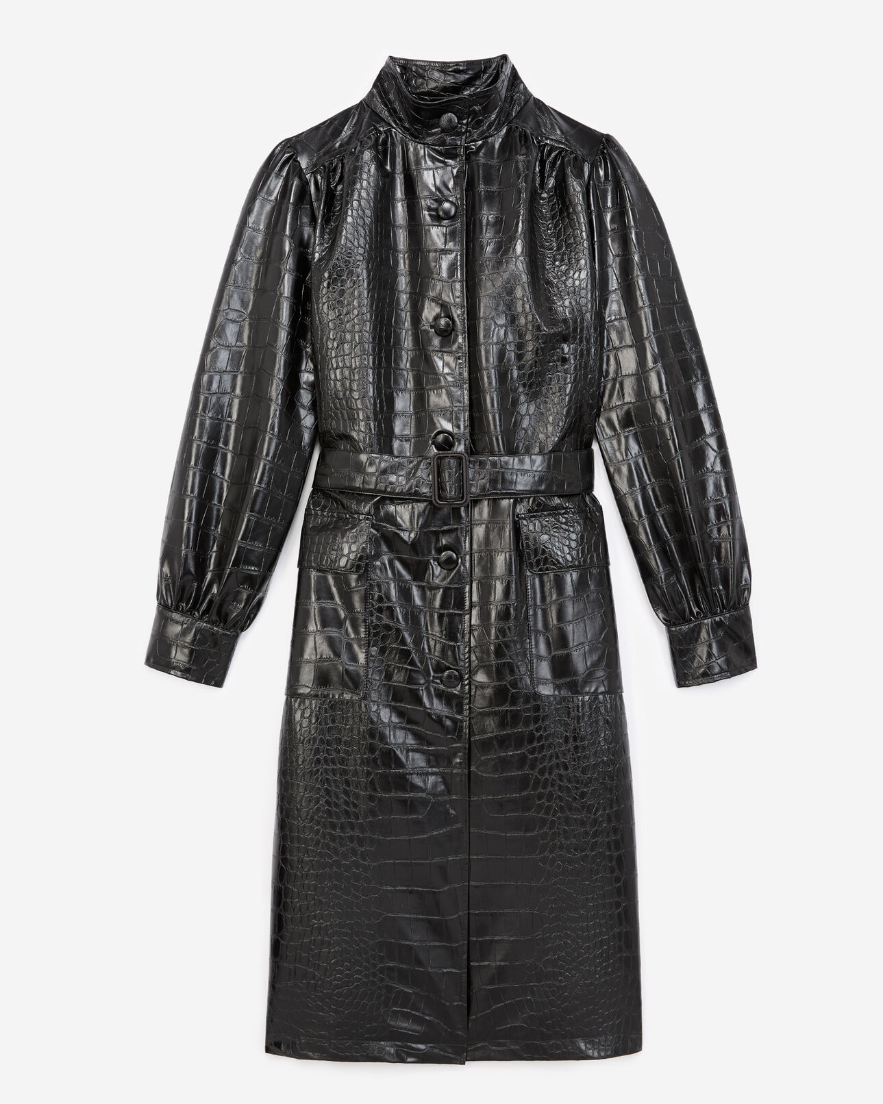 The Kooples DAMEN BLACK schwarzer langer mantel mit lederkragen